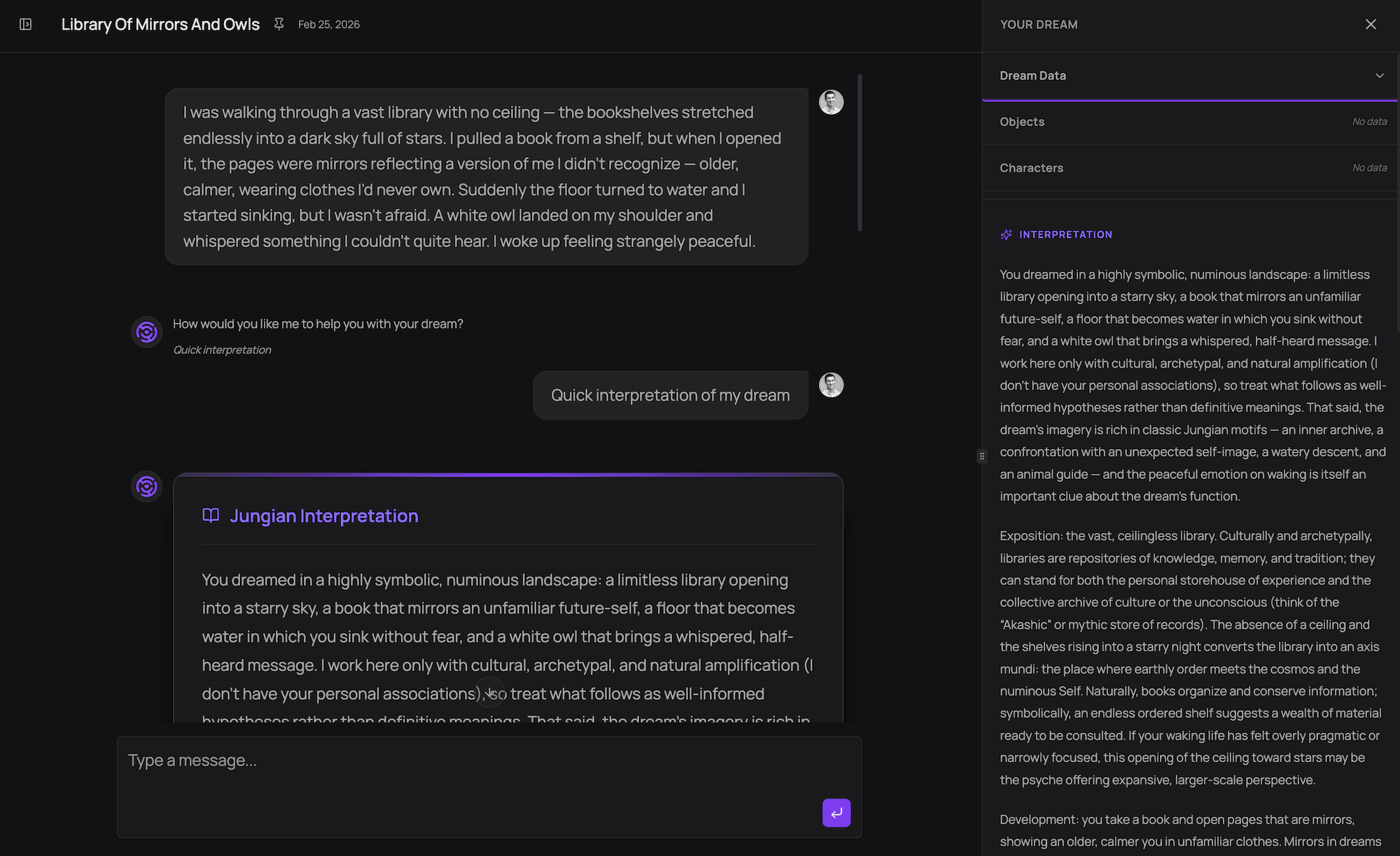 Individuate dream analysis interface showing a chat conversation with Jungian interpretation