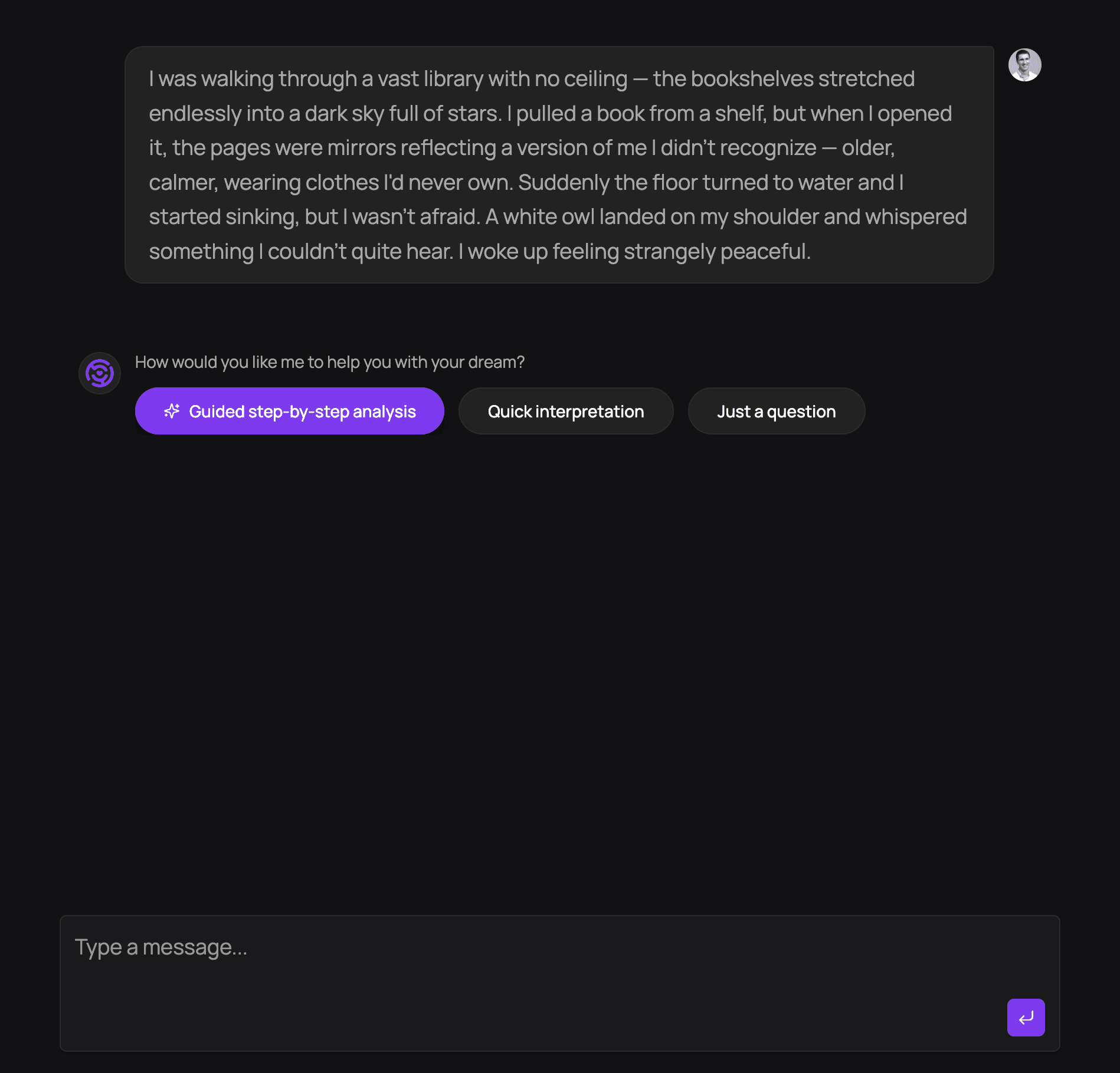 AI-powered dream chat showing guided analysis with symbol exploration